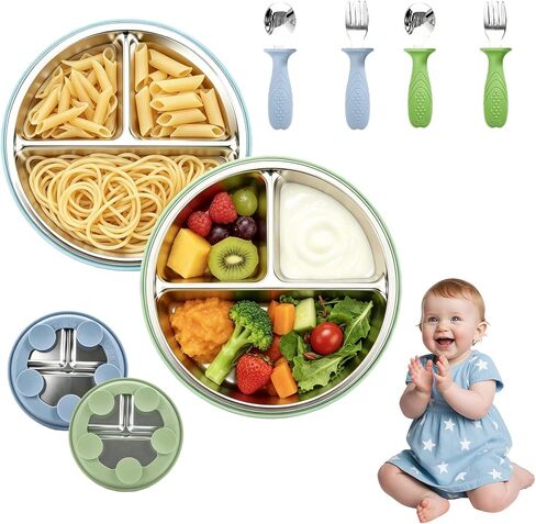 Stainless Steel Baby Feeding Set, BPA-Free Self-Feeding Utensils | 2 Pack Divided Plates + Silicone Fork & Spoon, Toddlers/Kids Self-Feeding, Transition Weaning Tableware for Boys Girls in Kuwait