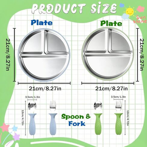 Stainless Steel Baby Feeding Set, BPA-Free Self-Feeding Utensils | 2 Pack Divided Plates + Silicone Fork & Spoon, Toddlers/Kids Self-Feeding, Transition Weaning Tableware for Boys Girls in Kuwait