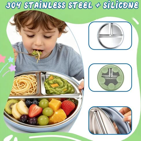 Stainless Steel Baby Feeding Set, BPA-Free Self-Feeding Utensils | 2 Pack Divided Plates + Silicone Fork & Spoon, Toddlers/Kids Self-Feeding, Transition Weaning Tableware for Boys Girls in Kuwait