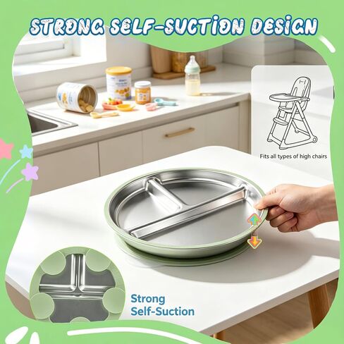 Stainless Steel Baby Feeding Set, BPA-Free Self-Feeding Utensils | 2 Pack Divided Plates + Silicone Fork & Spoon, Toddlers/Kids Self-Feeding, Transition Weaning Tableware for Boys Girls in Kuwait