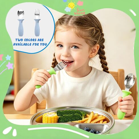 Stainless Steel Baby Feeding Set, BPA-Free Self-Feeding Utensils | 2 Pack Divided Plates + Silicone Fork & Spoon, Toddlers/Kids Self-Feeding, Transition Weaning Tableware for Boys Girls in Kuwait