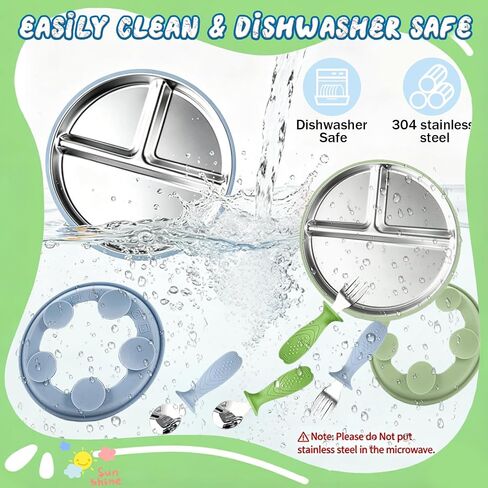 Stainless Steel Baby Feeding Set, BPA-Free Self-Feeding Utensils | 2 Pack Divided Plates + Silicone Fork & Spoon, Toddlers/Kids Self-Feeding, Transition Weaning Tableware for Boys Girls in Kuwait