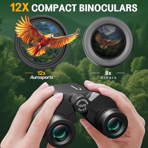 Aurosports 12x32 Compact Binoculars for Adults - Small Pocket Binos with FMC&BAK4, Wide 273ft/1000yds Field of View - Easy Focus for Bird Watching, Hiking, Cruises, Travel, Gifts for Men Women in Kuwait