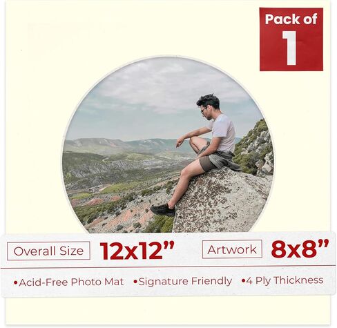 White Mat Board for 12x12 Frames - Circle Opening for 8x8 Photos - 1 Mat in Kuwait