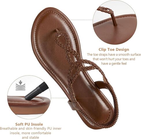 zeetoo Braided Flat Sandals for Women Thong Elastic Ankle Strap caramel10 in Kuwait