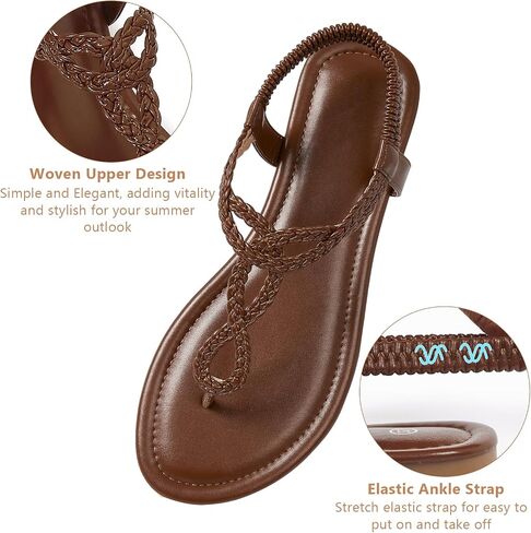 zeetoo Braided Flat Sandals for Women Thong Elastic Ankle Strap caramel10 in Kuwait