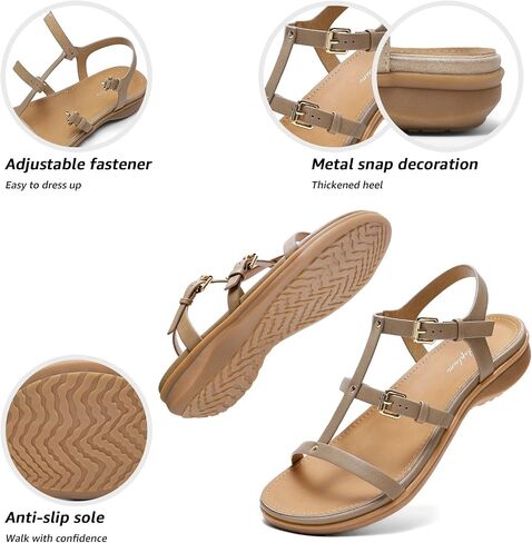 Littleplum Women's Flat Sandals Arch Support Adjustable Gladiator Sandals for Women Summer Walking Shoes for Beach,Casual Khaki Size 10 in Kuwait