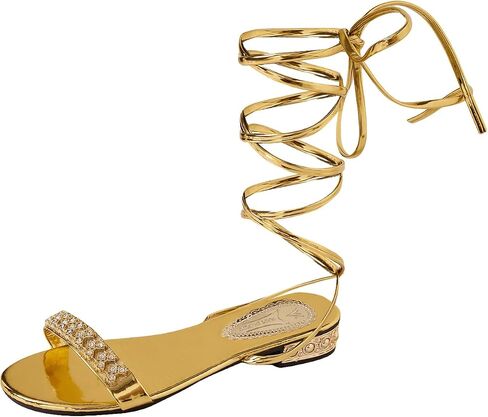OYOANGLE Women's Rhinestone Metallic Lace Up Flat Sandals Gladiator Slides | Rhinestone, Metallic, Lace Up, Flat Sandals, Dressy, Open Toe, Gladiator Slides, Summer Shoes in Kuwait