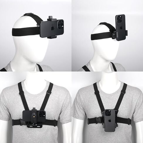 Phone Chest Mount Head Strap Holder Accessories for POV/VLOG, Chest Camera Mount for Phone, Head Mount + Chest Harness Strap, Compatible with iPhone, Go Pro, DJI and Other Action Cameras in Kuwait