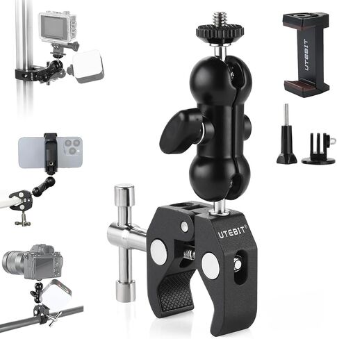 Super Clamp Camera Mount with 360° Ballhead Magic Arm, Black | Super Clamp Mount with 1/4" and 3/8" Thread, Desk/Bike/Bicycle/Motorcycle/ Handlebar for GoPro, Phone, Camera, Monitor in Kuwait