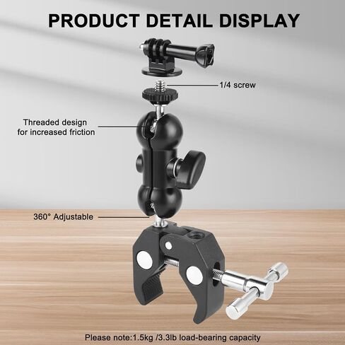 Super Clamp Camera Mount with 360° Ballhead Magic Arm, Black | Super Clamp Mount with 1/4" and 3/8" Thread, Desk/Bike/Bicycle/Motorcycle/ Handlebar for GoPro, Phone, Camera, Monitor in Kuwait