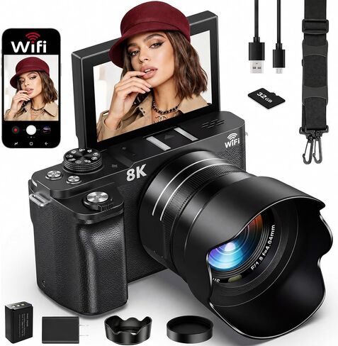 8K Digital Camera WiFi - 88MP Vlogging Cameras for Photography with 3" 180° Flip Screen 18X Zoom - UHD Video Camara for YouTube - Autofocus Travel Camera with Lens Hood, Memory Card, Flash in Kuwait