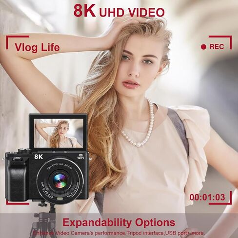 8K Digital Camera WiFi - 88MP Vlogging Cameras for Photography with 3" 180° Flip Screen 18X Zoom - UHD Video Camara for YouTube - Autofocus Travel Camera with Lens Hood, Memory Card, Flash in Kuwait