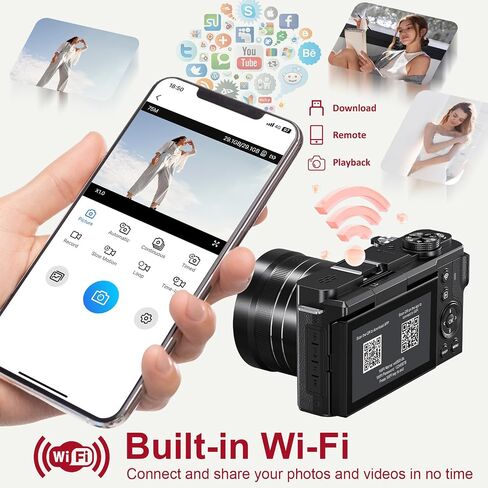 8K Digital Camera WiFi - 88MP Vlogging Cameras for Photography with 3" 180° Flip Screen 18X Zoom - UHD Video Camara for YouTube - Autofocus Travel Camera with Lens Hood, Memory Card, Flash in Kuwait