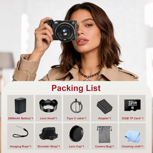 8K Digital Camera WiFi - 88MP Vlogging Cameras for Photography with 3" 180° Flip Screen 18X Zoom - UHD Video Camara for YouTube - Autofocus Travel Camera with Lens Hood, Memory Card, Flash in Kuwait