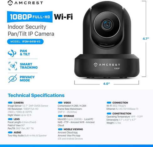 Amcrest 2-Pack 1080p WiFi Camera Indoor, 2MP Pan/Tilt Home Security Camera, Auto-Tracking, Motion & Audio Detection, Enhanced Browser Compatibility, H.265, Two-Way Talk 2PACK-IP2M-841B-V3 (Black) in Kuwait