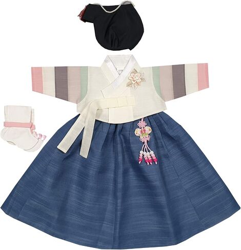 100 Day Birth Korea Baby Girl Hanbok Traditional Dress Outfits Celebration Party Ivory Blue Set in Kuwait