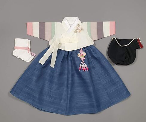 100 Day Birth Korea Baby Girl Hanbok Traditional Dress Outfits Celebration Party Ivory Blue Set in Kuwait
