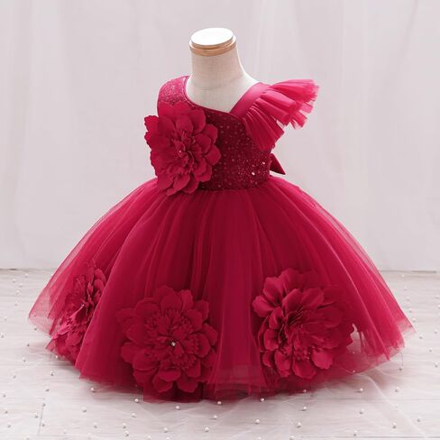 IBTOM Castle Pageant Dress One Shoulder Sequin for Toddler Red 5-6 Years | Baby First Birthday Tutu Dress, Bowknot, Tulle Fluffy, Flower Girl Ball Gown for Wedding Guest Formal Party Prom Graduation in Kuwait