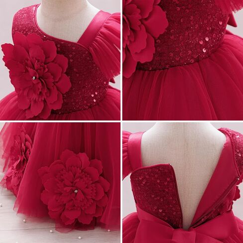 IBTOM Castle Pageant Dress One Shoulder Sequin for Toddler Red 5-6 Years | Baby First Birthday Tutu Dress, Bowknot, Tulle Fluffy, Flower Girl Ball Gown for Wedding Guest Formal Party Prom Graduation in Kuwait