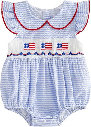 Twopumpkin Baby Girl 4th of July Romper Striped American Flag Embroidered Doll Collar Flying Sleeve Infant Jumpsuit in Kuwait