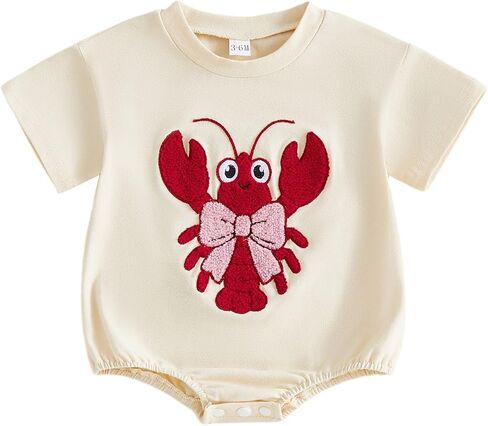 Newborn Baby Girl Summer Outfit Lobster Bow Embroidery Bubble Romper Shirt Short Sleeve Bodysuit Crawfish Clothes in Kuwait