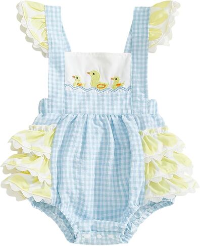 Newborn Baby Girl Summer Clothes Duck Print Bubble Romper Plaid Onesie Ruffle Sleeve Jumpsuit in Kuwait