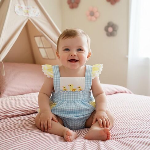 Newborn Baby Girl Summer Clothes Duck Print Bubble Romper Plaid Onesie Ruffle Sleeve Jumpsuit in Kuwait