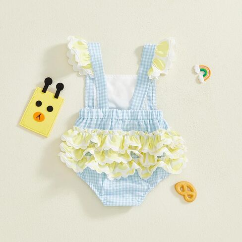 Newborn Baby Girl Summer Clothes Duck Print Bubble Romper Plaid Onesie Ruffle Sleeve Jumpsuit in Kuwait