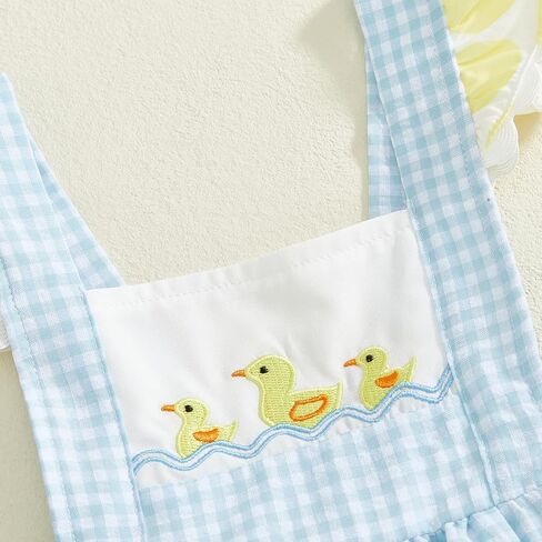 Newborn Baby Girl Summer Clothes Duck Print Bubble Romper Plaid Onesie Ruffle Sleeve Jumpsuit in Kuwait