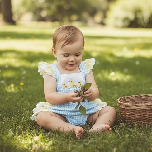 Newborn Baby Girl Summer Clothes Duck Print Bubble Romper Plaid Onesie Ruffle Sleeve Jumpsuit in Kuwait