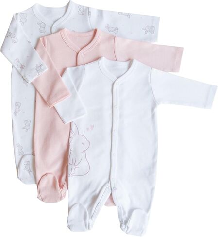 Kitikate Organic Cotton Baby Girls Footed Romper Set, 3-Pack, One-Piece Outfits with Cute Rabbit Prints in Kuwait