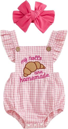 My Rolls are Homemade Baby Girl Outfit Embroidery Romper Overalls Plaid Bodysuit Bow Cute Infant Baking Bread Clothes in Kuwait
