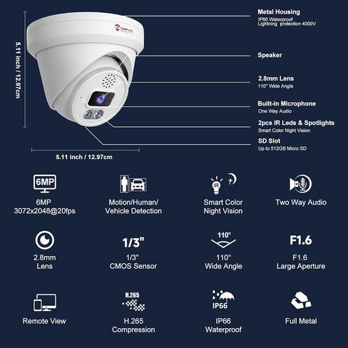 Anpviz UltraHD 6MP PoE IP Turret Camera Outdoor for Businesses | Two Way Audio, Smart Color Night Vision, Strobe Light & Audio Alarm, Human Vehicle Detection, 256 MicroSD Slot (U Series) in Kuwait