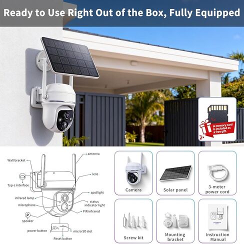 Goalake 2026 5MP Solar Security Camera – Wireless Outdoor PTZ with 360°View, AI Motion Detection, 2-Way Talk, Spotlight & Siren, IP65 Weatherproof, Cloud/512GB SD Storage (Pre-Inserted a SD Card) in Kuwait