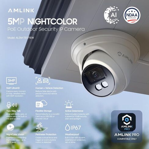 AMLINK 5MP Security AI IP PoE Camera, Night Color 100ft, Human/Vehicle Detection, NDAA Compliant, Indoor Outdoor Surveillance Turret, 2-Way Audio, Support 256GB MicroSD, Deterrent, 20fps AL5M-T5171EW in Kuwait