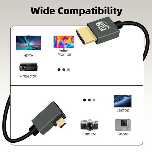 كابل ملفوف Micro HDTV 90 درجة 8K إلى HDTV، زاوية يمنى 48 جيجابت في الثانية HDTV2.1 يدعم HDR، 8K@60 هرتز، 4K@120 هرتز، متوافق مع كاميرات الفيديو والشاشات (يمين) in Kuwait