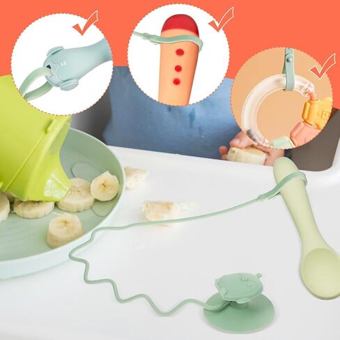 Abaodam Utensils Holder Strap with Silicone Suction Cup Stainless Steel Fork and Spoon Training for Drop Highchair Accessory Green Dining Aid in Saudi Arabia
