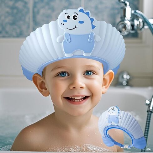 Baby Shower Cap Shield, Shower Cap for Kids, Visor Hat for Eye and Ear Protection for 0-9 Years Old Children, Cute Little Dinosaur Shape Makes The Baby Bath More Fun (Blue) in Kuwait
