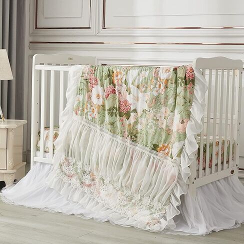 Brandream Crib Bedding Sets for Girls Garden Floral Nursery Set 3-Piece | Ruffled Baby Comforter, Crib Sheet and Tulle Lace Crib Bed Skirt, Green White in Kuwait