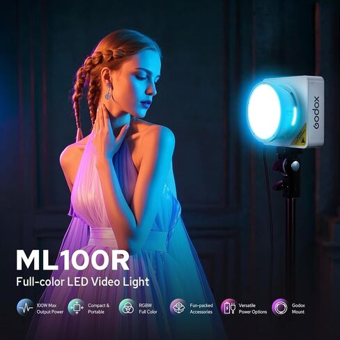 Godox ML100R 110W RGB COB Video Light, Professional Full-Color LED Video Light w/14 FX, 12900 lux@1m, Wide 1800K-10000K, Portable Handheld Mini RGB COB Continuous Output Light, Flexible Power Options in Kuwait