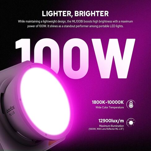 Godox ML100R 110W RGB COB Video Light, Professional Full-Color LED Video Light w/14 FX, 12900 lux@1m, Wide 1800K-10000K, Portable Handheld Mini RGB COB Continuous Output Light, Flexible Power Options in Kuwait