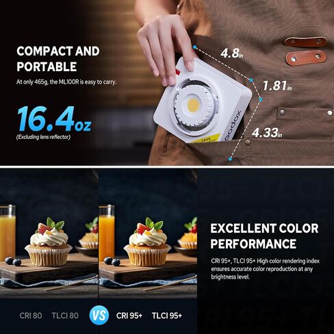 Godox ML100R 110W RGB COB Video Light, Professional Full-Color LED Video Light w/14 FX, 12900 lux@1m, Wide 1800K-10000K, Portable Handheld Mini RGB COB Continuous Output Light, Flexible Power Options in Kuwait