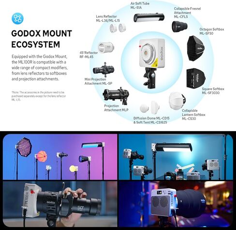 Godox ML100R 110W RGB COB Video Light, Professional Full-Color LED Video Light w/14 FX, 12900 lux@1m, Wide 1800K-10000K, Portable Handheld Mini RGB COB Continuous Output Light, Flexible Power Options in Kuwait