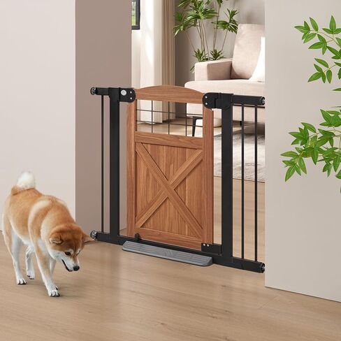 beeNbkks Farmhouse Barn Door Dog Gate, 30" Tall Anti-Trip Pet Barrier | No-Drill Pressure Mounted Pet Gate Fits 29"-40" Wide Openings, Featuring Wooden Walk-Through Door and Metal Frame in Kuwait