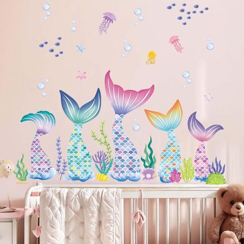 Baby Girls Mermaid Tail Wall Stickers - Under The Sea Marine Theme Wall Decals - Nursery Kids Room Daycare Bedroom Bathroom Wall Decor in Kuwait