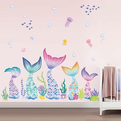Baby Girls Mermaid Tail Wall Stickers - Under The Sea Marine Theme Wall Decals - Nursery Kids Room Daycare Bedroom Bathroom Wall Decor in Kuwait