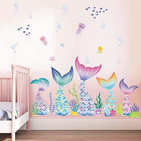 Baby Girls Mermaid Tail Wall Stickers - Under The Sea Marine Theme Wall Decals - Nursery Kids Room Daycare Bedroom Bathroom Wall Decor in Kuwait