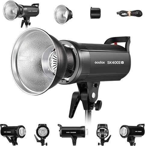 Godox SK400II-V 400W Photo Studio Strobe Flash Monolight with Reflector Kit | GN65, 0.1-1.5s Recycle Time, Bowens Mount, 10W LED Modeling Lamp for Studio Product Photography, Portraits Shooting, 110~120V in Kuwait