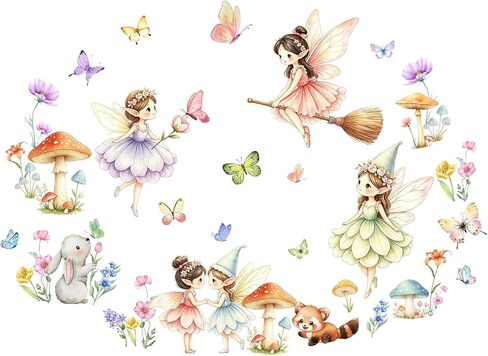 Woodland Mushroom Wall Decals | Flower Fairy Butterfly Wildflower Wall Stickers|Funny Fairies Fairies Wall Decor for Girls Bedroom Baby Nursery Living Room in Kuwait